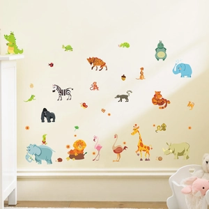 Cartoon jungle animal wall stickers featuring elephants and lions for kids' nursery decor