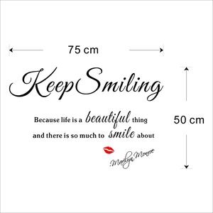 Sticker mural Marilyn Monroe Keep Smiling avec lèvres rouges, format de 75x50cm