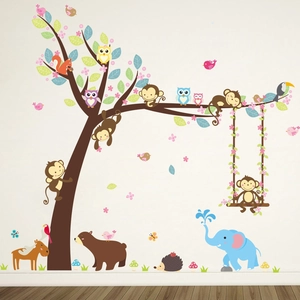 Stickers muraux animaux de la forêt avec singes sur balançoire pour chambre d'enfant