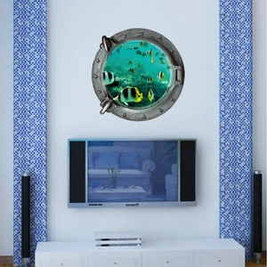 3D Submarine Porthole Wall Sticker Waterproof PVC Removable Underwater World Tropical Fish Coral Reef Window View Decal