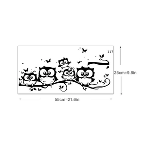 Cartoon owl wall decal with five birds on branches for bedroom decor, 55x25cm size