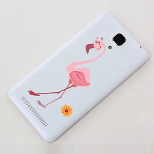 Detail of white smartphone case with pink cartoon flamingo and flower illustration