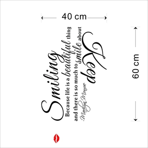 Détail du sticker mural Keep Smiling avec lèvres rouges et dimensions 40x60cm