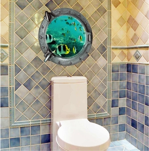 3D submarine porthole wall sticker with tropical fish and coral reef for bathroom decor