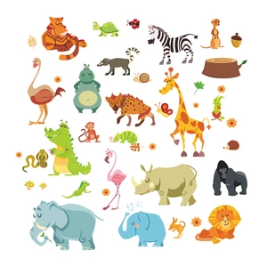 Cartoon jungle animal wall decals set featuring elephant giraffe and lion for kids bedroom