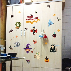 Halloween cartoon wall stickers with vampire, witch, and pumpkin on wooden closet