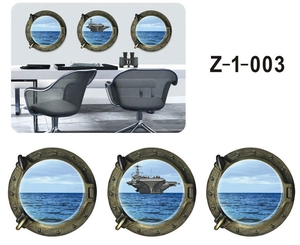 Three-piece 3D 3D porthole wall stickers set featuring ocean scenery and aircraft carrier