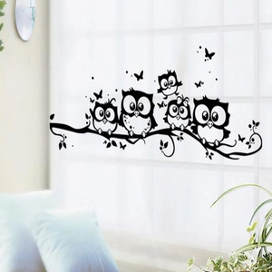 Black cartoon owl wall stickers on branch with butterflies for home bedroom decoration