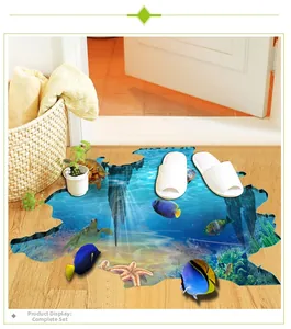 Detailed 3D ocean floor sticker with sea turtles and tropical fish for bathroom decor
