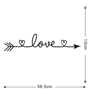 Dimensions détaillées du sticker mural flèche LOVE noir mesurant 58,5cm x 13cm