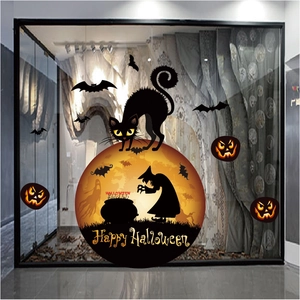 Halloween window stickers set featuring witch, black cat, pumpkins, and bats decor
