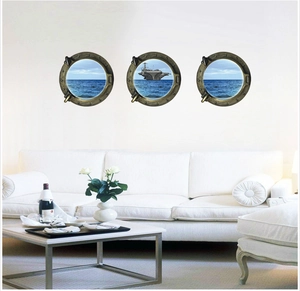 Three-piece 3D vintage porthole wall decals showing ocean scenery and aircraft carrier