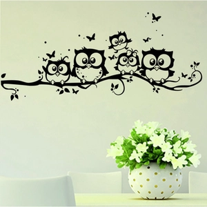 Black PVC wall stickers featuring five cute owls on a branch with leaves and butterflies