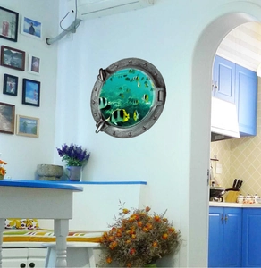 3D porthole wall decal featuring tropical fish and underwater sea world scenery