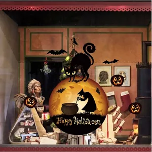 Halloween window stickers featuring witch, cat and ghost with Happy Halloween lettering