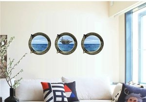 Three-piece set of 3D aircraft carrier porthole wall stickers with bronze metal details