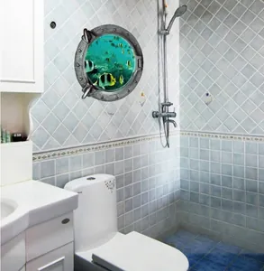 3D porthole wall sticker with vibrant tropical fish for bathroom home decor