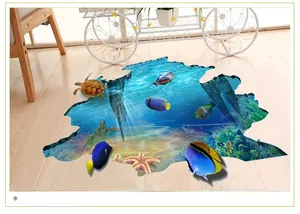 Detailed 3D ocean floor sticker featuring turtles and tropical fish on wooden flooring