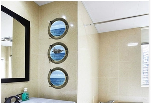 Three-piece aircraft carrier ocean wall stickers with 3D ship window porthole design