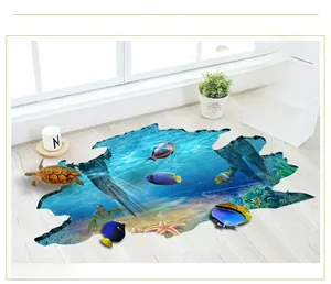 Detailed 3D ocean floor sticker with turtles and coral reef on light wooden flooring