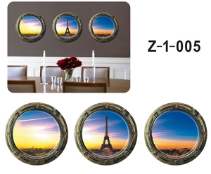 Lot de 3 stickers muraux hublot vintage avec la Tour Eiffel au coucher du soleil à Paris