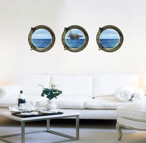3D Porthole Wall Stickers 3 Piece Set PVC Waterproof Aircraft Carrier Ocean Pattern Decals For Living Room Bedroom Decor