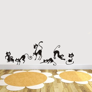Stickers Muraux Silhouette Chat Dessin Animé Noir Imperméable Amovible PVC Autocollants Muraux Pour Maison Chambre Salon Décoration