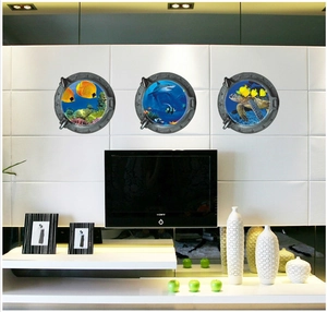 Trois stickers muraux hublot affichant poissons tropicaux, requins et tortues marines