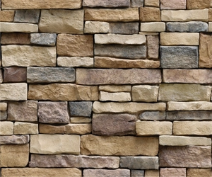 Macro detail of 3D stone brick wallpaper with realistic beige and grey textured patterns