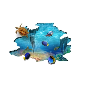 Detail of 3D ocean wall sticker with sea turtles and tropical fish breaking through wall