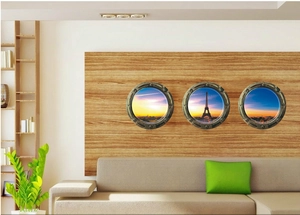 Lot de 3 stickers muraux 3D PVC avec Tour Eiffel dans des cadres ronds en forme de hublot