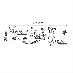 German Lebe Lache Liebe wall decal with butterfly design, dimensions 87x29cm