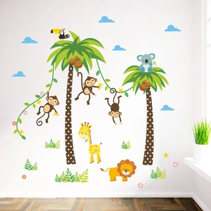 Cartoon jungle wall stickers with palm trees monkeys and lions for kids room decoration