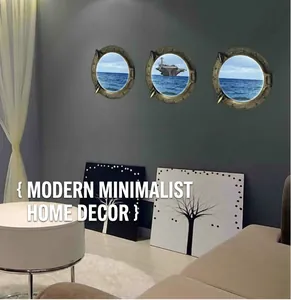 Set of 3 3D ocean porthole wall stickers featuring aircraft carriers for home decor