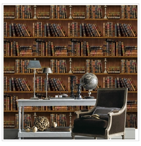 Detail showing 3D vintage bookshelf wallpaper with books and candle decor in a study room
