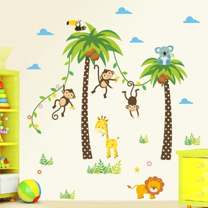 Cartoon jungle animal wall decals with palm trees, monkeys and giraffe for nursery decor