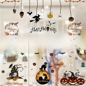 Detailed Halloween window decals featuring pumpkins, witches, black cats and ghosts designs