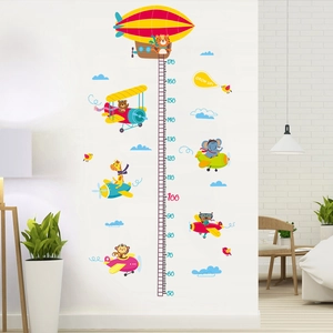Cartoon animals airplane height growth chart wall sticker for kids bedroom decoration