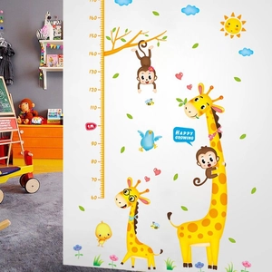 Cartoon animal height growth chart sticker for kids room featuring giraffes and monkeys