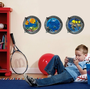 Stickers Muraux Hublot Sous-marin 3D Vie Marine PVC Requin Tortue Poissons Tropicaux Décoration Maison Chambre Enfant