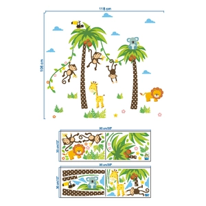 Detailed view showing dimensions and layout of tropical animal wall stickers set