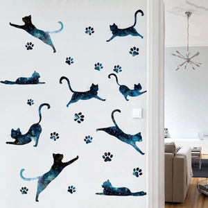 Starry galaxy cat wall stickers for kids room decor with 9 cats and paw print silhouettes