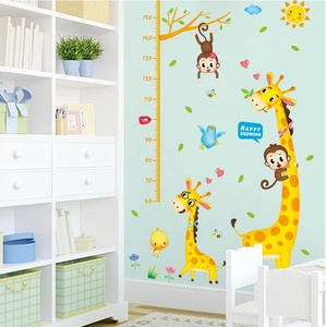 Cartoon animal growth chart wall sticker for kids room featuring giraffe and monkey