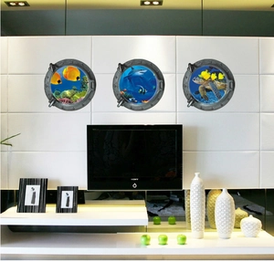 Stickers muraux 3D hublot de sous-marin monde marin avec requin et tortues de mer