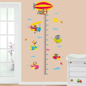 Cartoon animal height chart wall sticker for kids room featuring balloons and airplanes