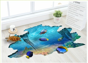 3D ocean world floor sticker with sea turtles and tropical fish for home decoration