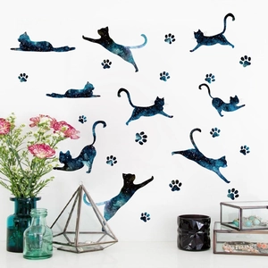 Starry galaxy cat wall stickers for children room decor featuring feline silhouettes