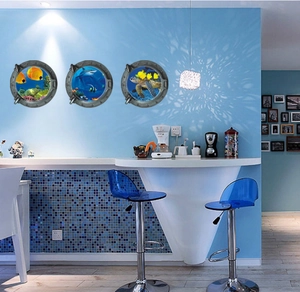 Lot de 3 stickers muraux 3D hublots avec poissons tropicaux requins et tortues