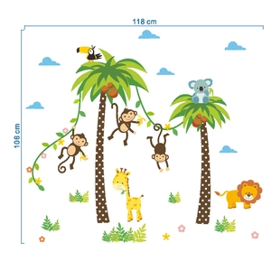 Jungle animal wall stickers with monkeys and giraffes, measuring 118 x 106 cm for kids rooms