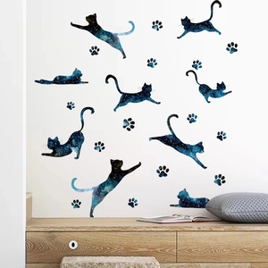 Starry galaxy cat wall decals set with silhouettes for living room and nursery decor